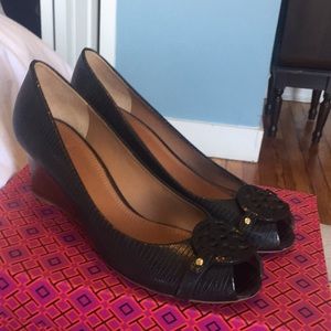 Tory Burch Black Leather Wedge Sandals